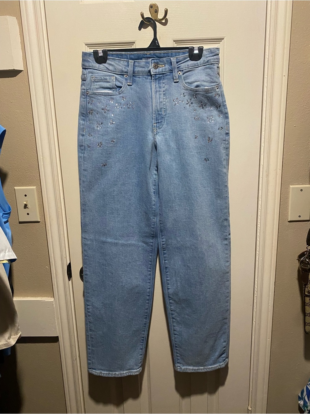 Old Navy Light Blue High-Rise Straight Jeans with Subtle Embellishments